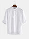 Mens Cotton Linen Casual Solid Plain 3/4 Sleeve Shirt - White