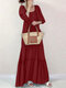 Vestido maxi casual com gola quadrada sólida e babados - Vinho vermelho