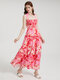 Flower Print Open Back Criss-cross Knotted Shirred Dress - Red