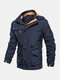 Mens Fleece Warm Multi Pockets Cotton Drawstring Down Lined Zipper Hooded Warm Cargo Jackets - Blue