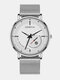 Alloy Steel Business Casual Mesh Belt Calendar Mens Quartz Watch - White+Silver