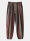 Mens Plain Stripe Casual Loose Drawstring Elastic Cuff Pants - Orange