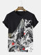 Herren-T-Shirts mit japanischem Wellenfiguren-Aufdruck, Rundhalsausschnitt, kurzärmelig, Winter - Schwarz