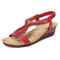 Women Soft Pearl Rhinestone Elastic Black Wedges Sandals - Red