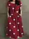 Dot Print Drawstring Waist Pocket Short Sleeve Dress - Red
