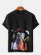 Mens Cartoon Space Astronaut Print Loose Cotton Short Sleeve T-Shirts - Black