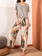 Женский комплект пижамы с V-образным вырезом и коротким рукавом с принтом Растение Брюки - Абрикос