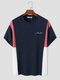 Mens Color Block Patchwork Embroidery Crew Neck Short Sleeve T-Shirts - Navy