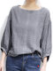 Check Pattern Puff Sleeve Crew Neck Casual Blouse - Blue