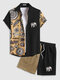 Mens Ethnic Floral Elephant Print Patchwork Two Pieces Outfits - Khaki