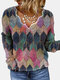 Geometric Printed V-neck Irregular Collar Vintage Long Sleeve Blouse - Pink