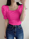 Solid Puff Sleeve Square Collar Blouse For Women - Rose