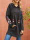 Floral Embroidered Long Sleeve Hoodie For Women - Black