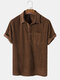 Mens Solid Color Basic Style Corduroy Lapel Short Sleeve Henley Shirt - Coffee