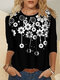 Flower Print O-neck Long Sleeve Casual Women T-shirt - Black