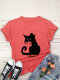 Cartoon Katze Bedrucktes Kurzarm-T-Shirt mit Rundhalsausschnitt für Damen - Ziegelrot
