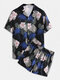 Men Tropic Floral Print Outfits Loose Two Pieces Lapeal Collar Holiday Clothing Loungewear - Navy
