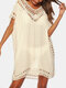 Women Hollow Out V-Neck Thin Sun Protection Dress Beach Cover Up - Apricot