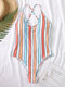 Women Colorful Stripe Criss Cross Backless One Piece Slimming Swimsuit - Orange