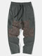 Mens Leaf Print Patchwork Multi Pocket Loose Cargo Pants - Dark Gray