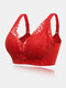 Women Lace Floral Trim Wireless Comfy Thin Gather Bra - Red
