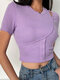 Hollow Solid Color Button Short Sleeve T-shirt For Women - Purple