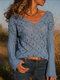 Geometric Knitting V-neck Long Sleeve Sweater - Grey