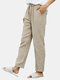 Women Cotton Linen Solid Color Thin Comfortable Home Drawstring Pants - Beige