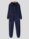 Plus Size Women Flannels Onesie Pajamas Hooded Thermal Front Zipper Jumpsuits For Winter Spring - Blue
