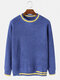 Mens Thick Contrast Color Crew Neck Knitted Warm Regular Fit Sweater - Blue