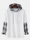 Mens Patchwork Plaid Contrast Faux Twinset Casual Drawstring Hoodies With Pocket - White