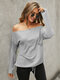 Solid Tie Off-shoulder Long Sleeve Pullover Sweater - Gray