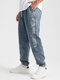 Mens Seam Detail Letter Embroidered Drawstring Waist Street Cuffed Jeans - Blue