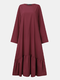 Solid Color O-neck Long Sleeve Plus Size Casual Dress with Pocket - Claret