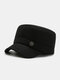 Men Woolen Cloth Thickened Solid Color Star Pattern Rivet Built-in Ear Protection Warmth Military Cap Flat Cap - Black
