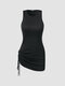 Drawstring Solid Color Hollow Back Sleeveless Sexy Desses - Black