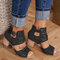 Plus Size Women Breathable Hollow Peep Toe Zipper Chunky Heel Sandals - Black