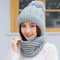 Women Winter Warm Wool Knit Beanie Hat With Bib Outdoor Windproof Casual Soft Hat - Gray