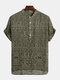 Mens Abstract Printing Ethnic Style Short Sleeve Loose Casual Henley Shirts - Green