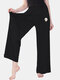 Plus Size Women Cotton Daisy Print High Waist Wide Leg Pants Pajamas Bottoms - Black