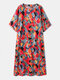 Printed O-neck Short Sleeve Plus Size Long Dress - Red