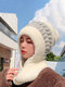Women Knitted Plus Velvet Color-match Pleated Stripes Fur Ball Decoration One-piece Scarf Hat Anti-cold Ear Protection Beanie Hat - White