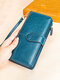 Genuine Leather Vintage Multi-slots Wallet Long Multi-Function Anti-Theft Purse - Blue
