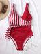 Women Striped Patchwork Wrap Knot Side One Piece Wide Straps Swimsuit - Red