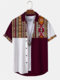 Chemises à manches courtes à revers en patchwork à imprimé géométrique ethnique pour hommes - Vin rouge