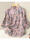 Allover Flower Print Casual Stand Collar Button Blouse - Pink