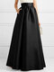 High Waist A-line Solid Satin Pocket Swing Skirt - Black