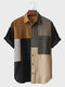 メンズ カラーブロック パッチワーク 胸ポケット ラペル 半袖シャツ - カーキ