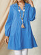 Solid Color Plain V-neck Long Sleeve Casual Cotton Blouse - Blue