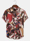 Mens Plants Floral Holiday Print Lapel Short Sleeve Casual Shirt - Red